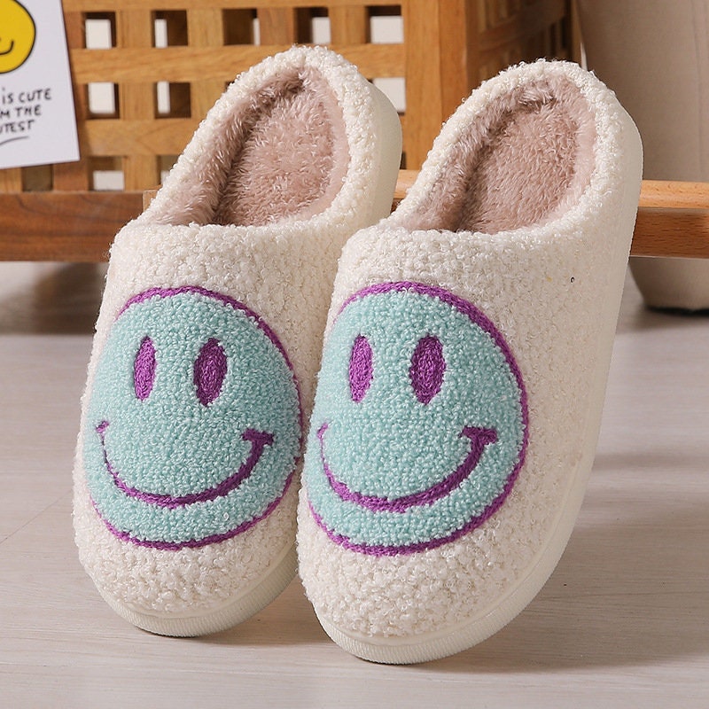 curly shearl slipper smiley face house slippers blue smiley face slippers